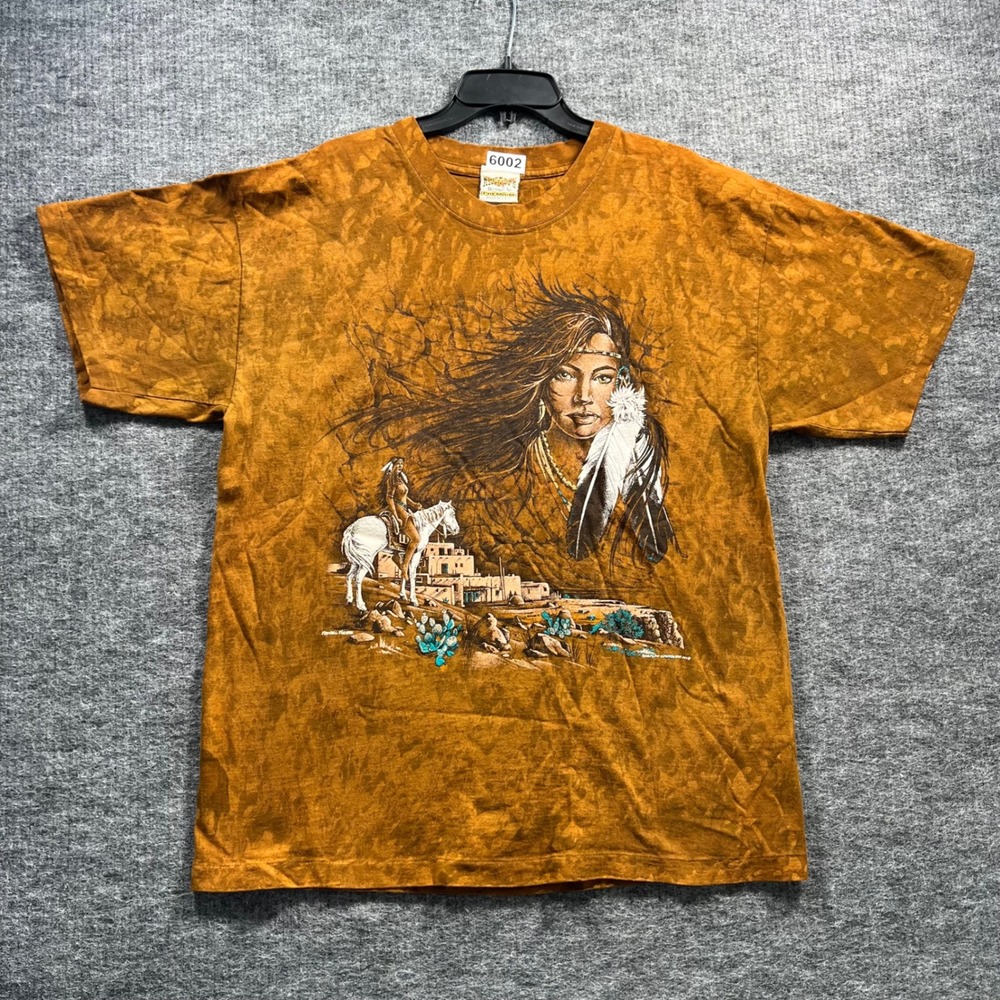 Vintage Ragtops Sportswear Native American Graphic Tee Orange Acid Wash Large